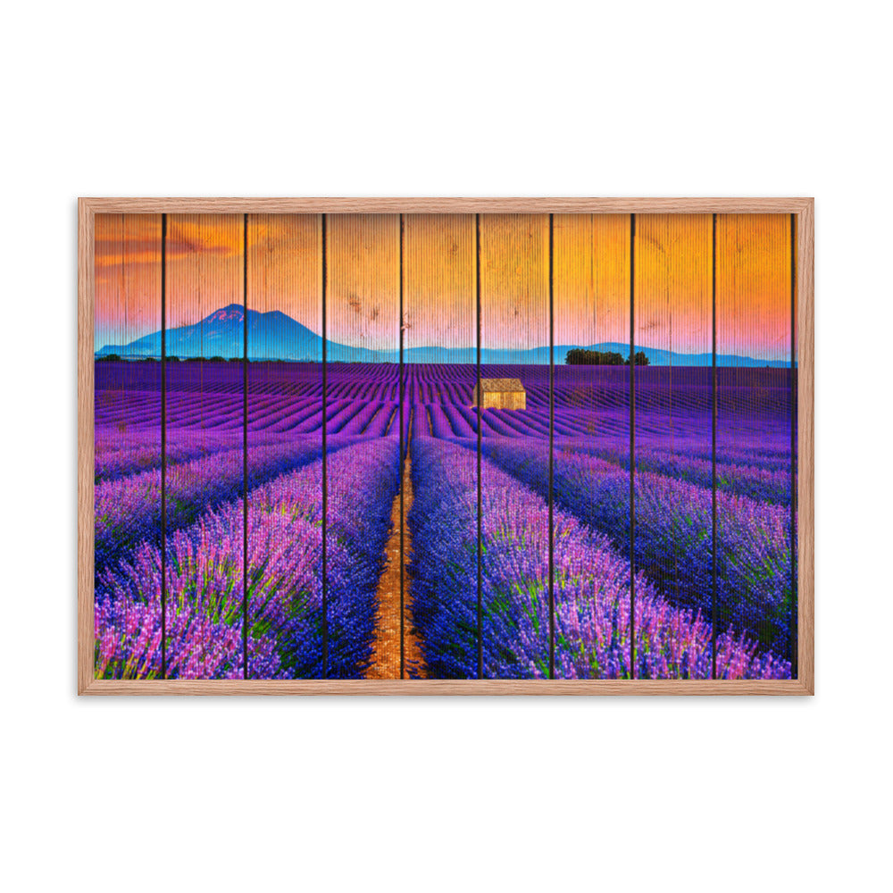Faux Wood Lavender Fields and Sunset Landscape Framed Photo Paper Wall Art Prints