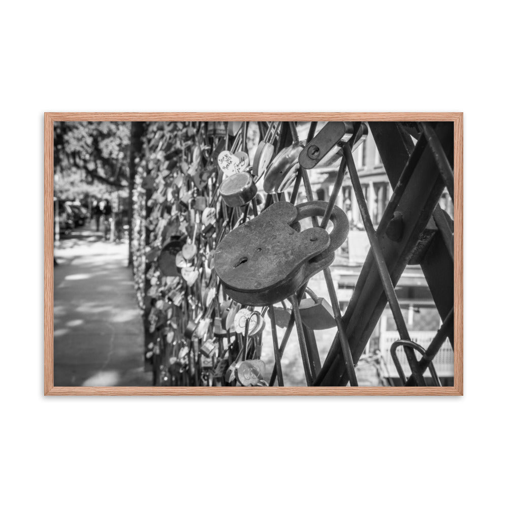 Black & White Minimal Photograph Love Lock Bridge River Street Savannah Georgia Framed Wall Art Print