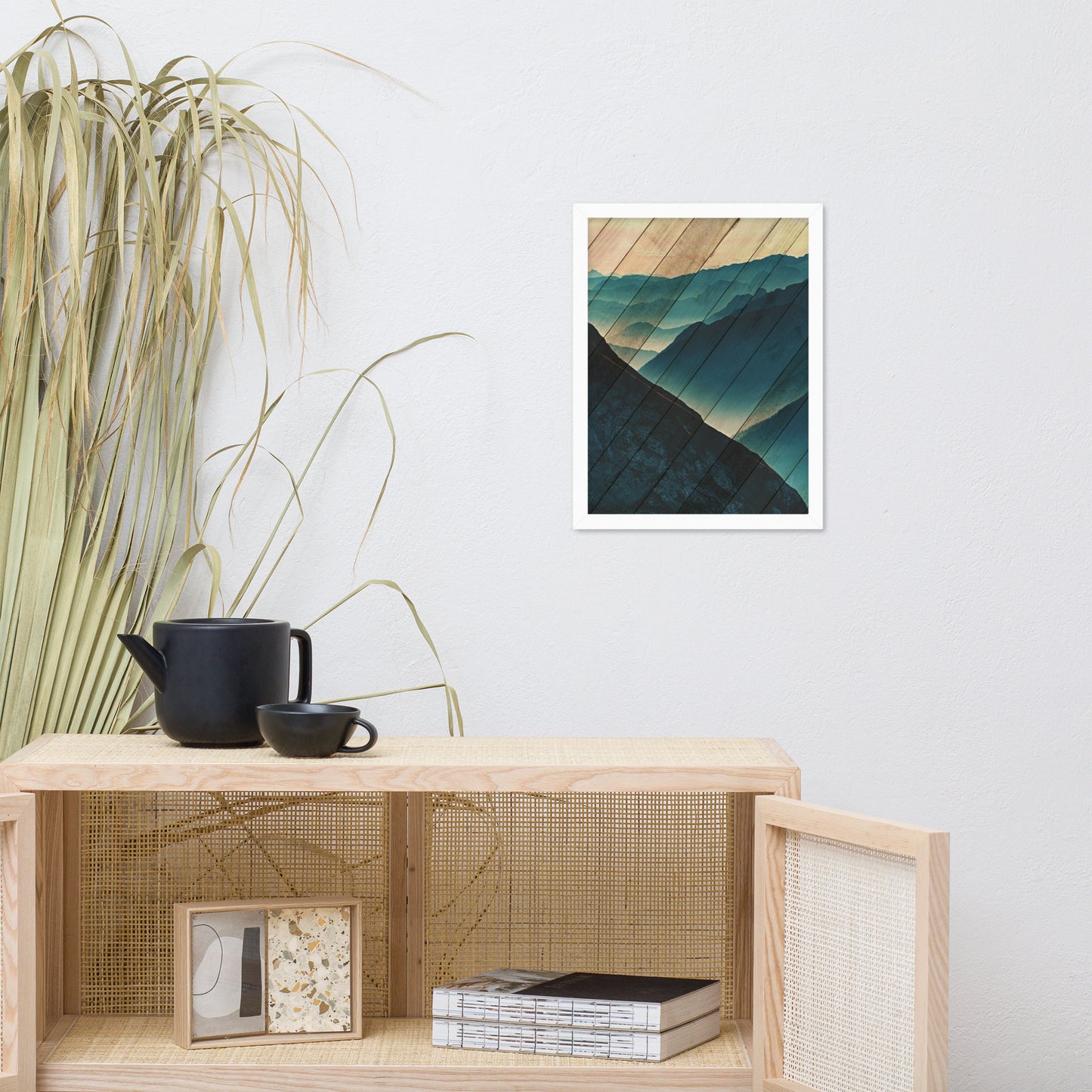 Faux Wood Misty Blue Silhouette Mountain Range Landscape Framed Photo Paper Wall Art Prints