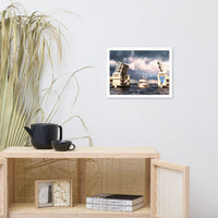 Stormy Drawbridge and Boat Racing Towards the Sun Coastal Landscape Photograph Framed Wall Art Print