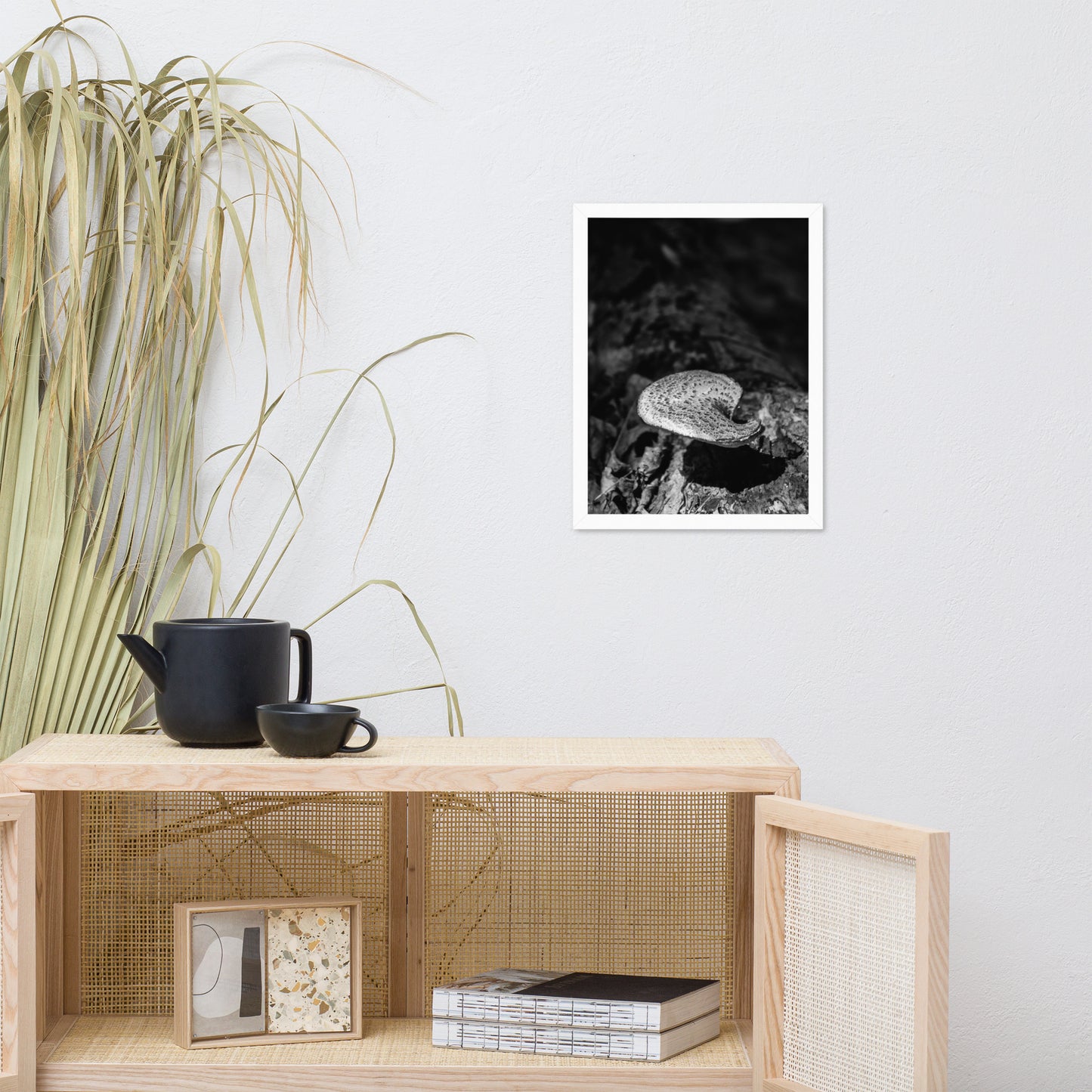 Holistic Wall Art: Mushroom on Log in Black & White Rustic / Country Style Nature Photo Framed Wall Art Print