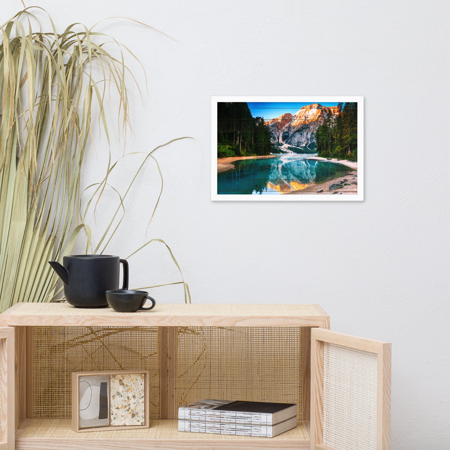 Faux Wood Misty Lake and Snowcap Mountain Reflections Framed Photo Paper Wall Art Prints