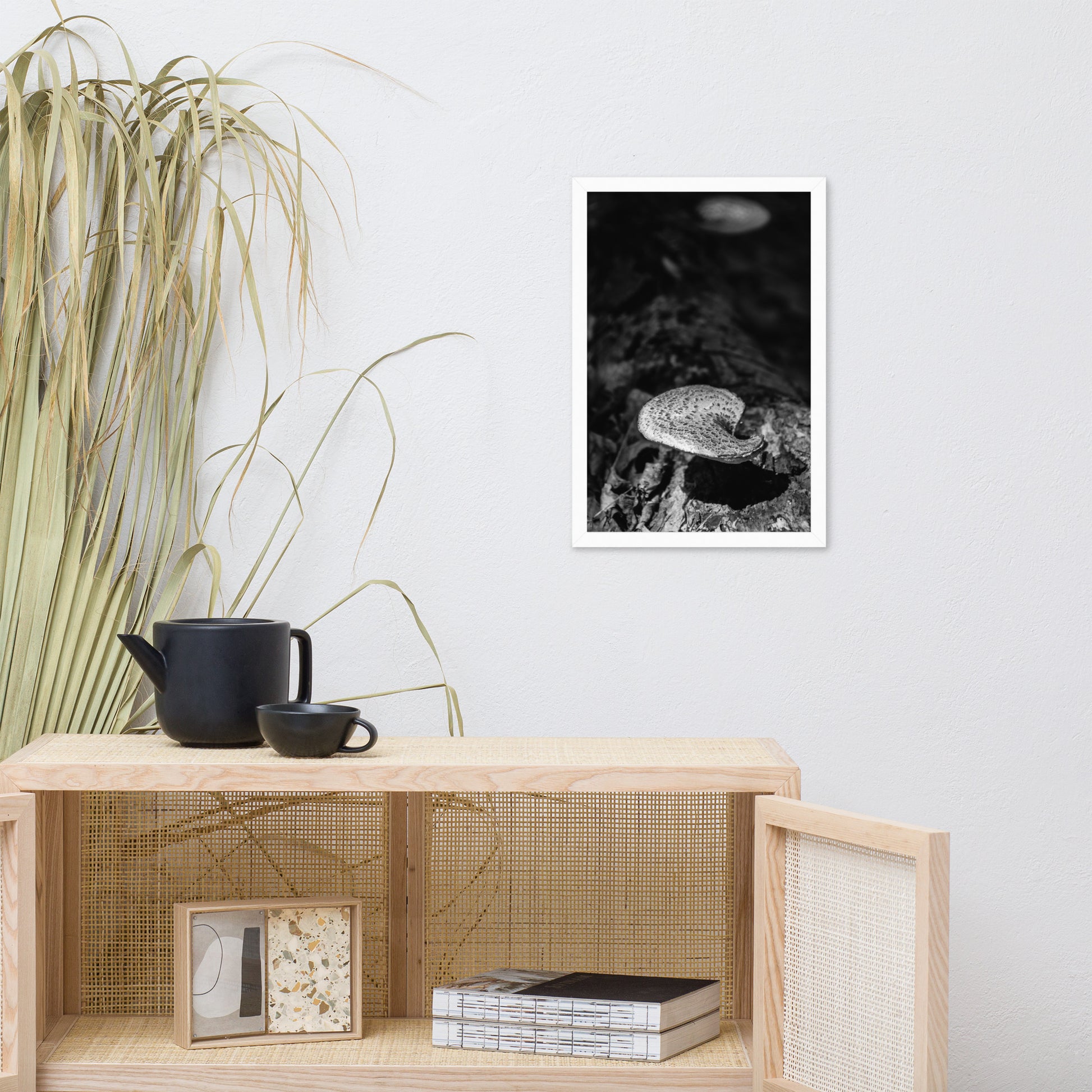 Neutral Botanical Prints: Mushroom on Log in Black & White Rustic / Country Style Nature Photo Framed Wall Art Print