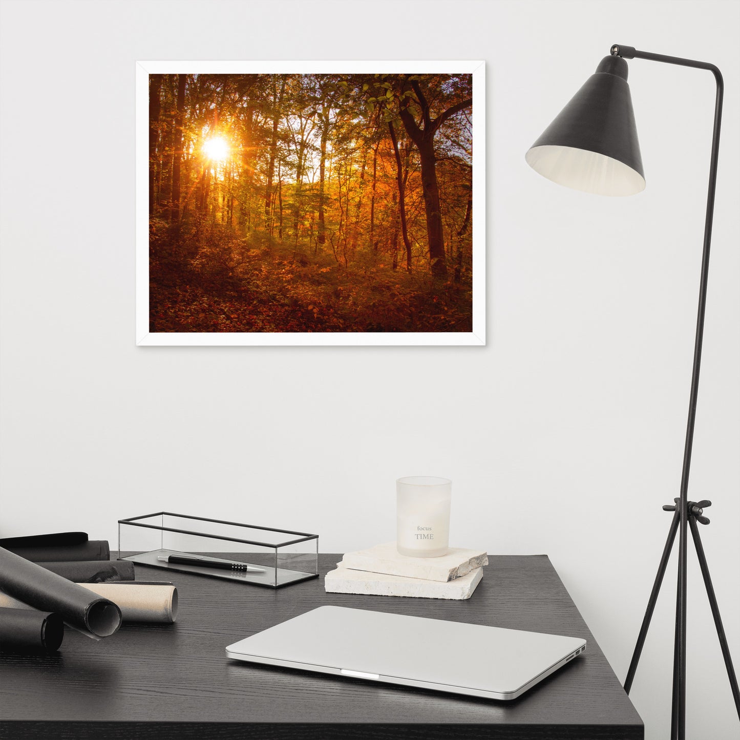 Autumn Sunset in the Trees Rural Landscape Framed Photo Paper Wall Art Prints