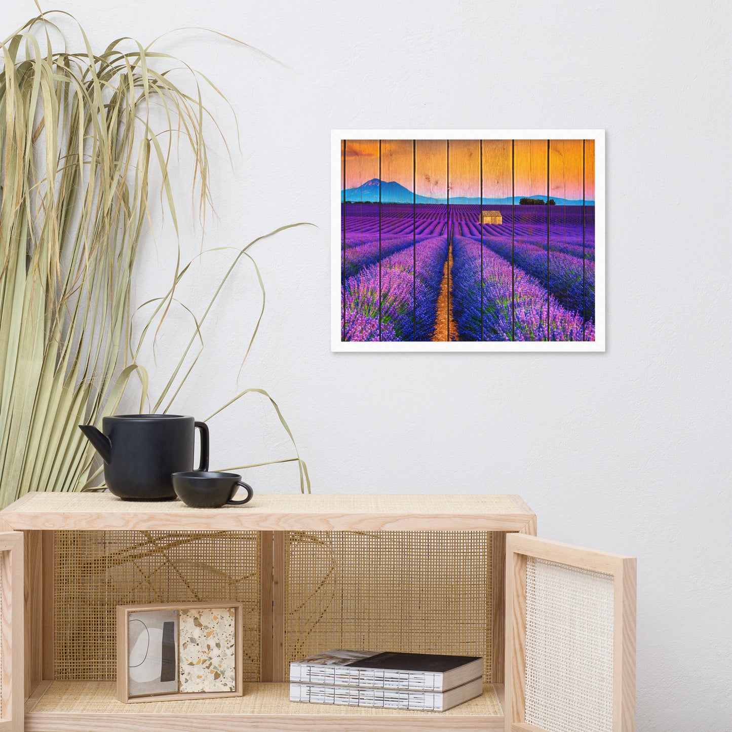 Faux Wood Lavender Fields and Sunset Landscape Framed Photo Paper Wall Art Prints