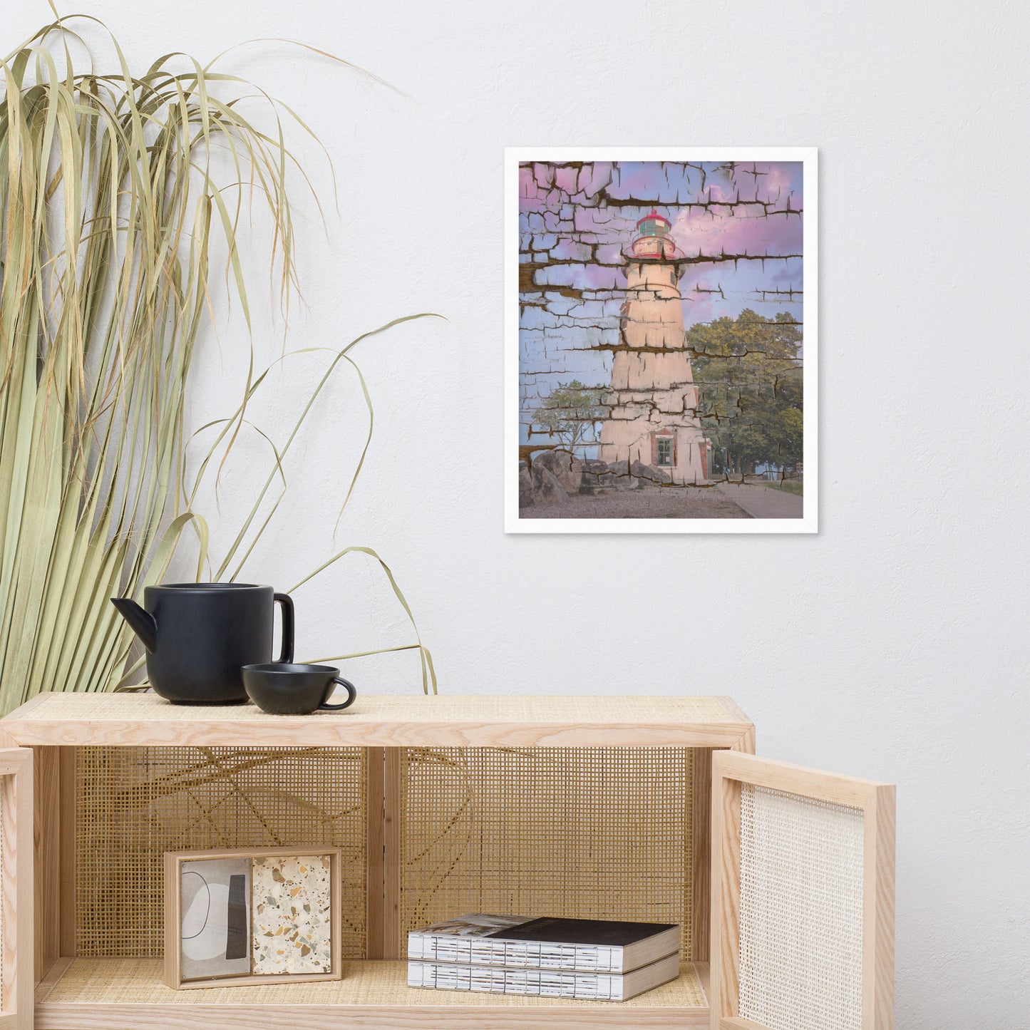 Faux Wood Texture Marblehead Lighthouse at Sunset Framed Photo Paper Wall Art Prints