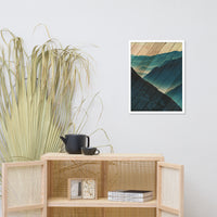 Faux Wood Misty Blue Silhouette Mountain Range Landscape Framed Photo Paper Wall Art Prints