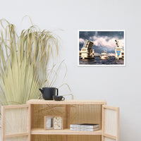 Stormy Drawbridge and Boat Racing Towards the Sun Coastal Landscape Photograph Framed Wall Art Print