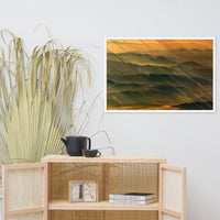 Faux Wood Foggy Mountain Layers at Sunset Landscape Framed Photo Paper Wall Art Prints