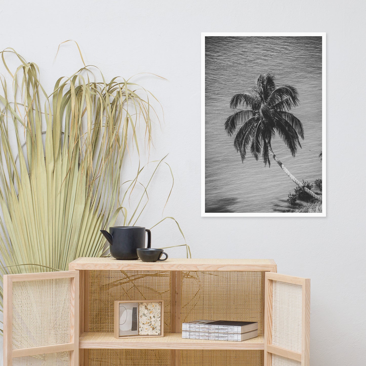 Palm Over Water Black and White Botanical Nature Photo Framed Wall Art Print