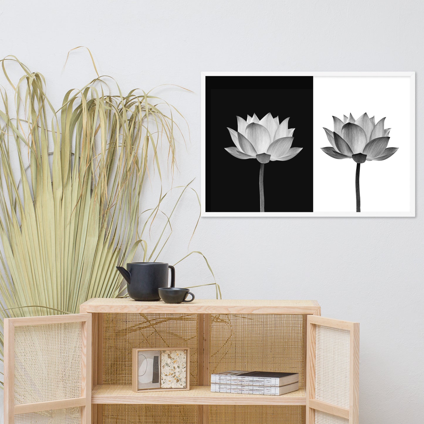 Lotus Flower on Black and White Background Floral Nature Framed Photo Paper Poster