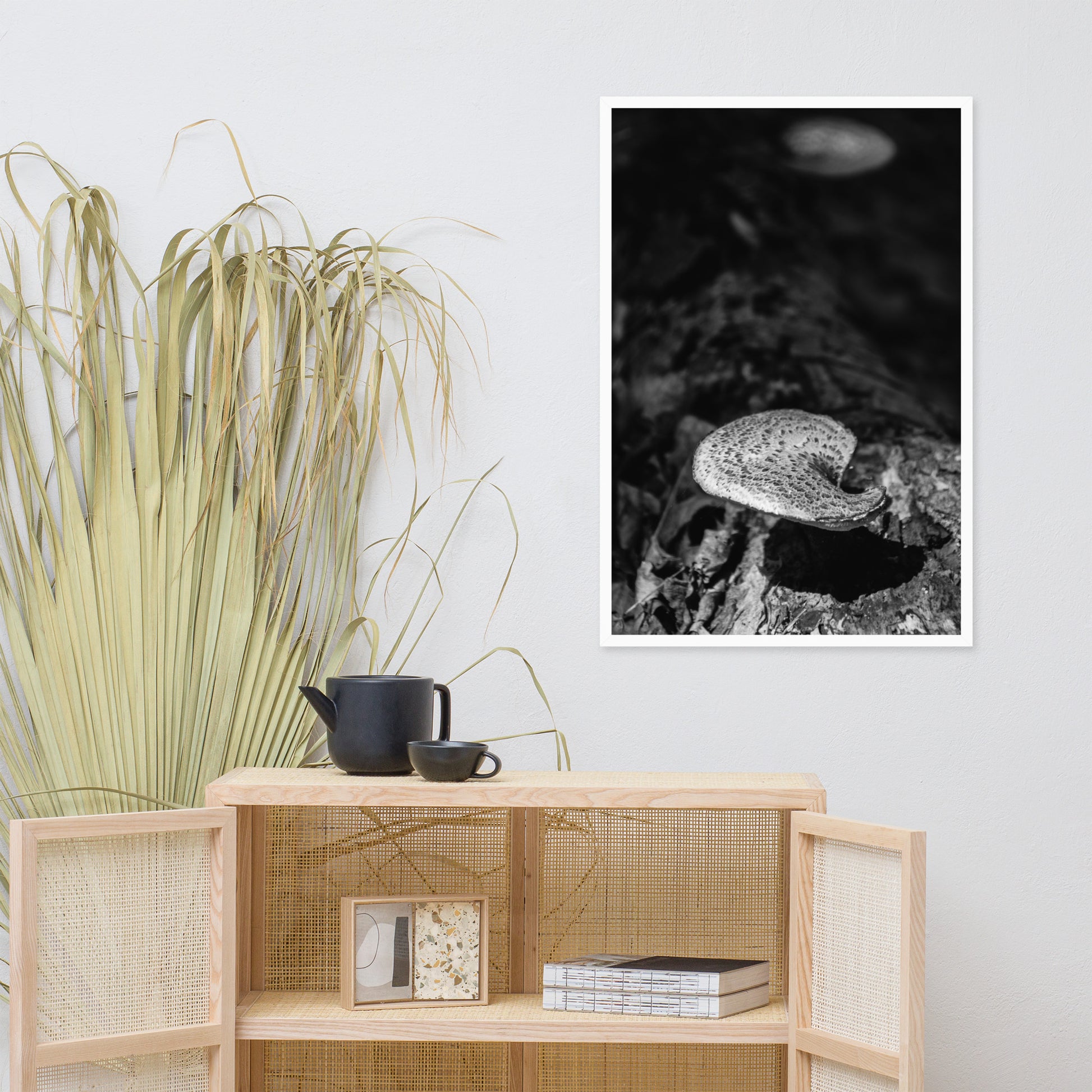Plant Prints For Wall: Mushroom on Log in Black & White Rustic / Country Style Nature Photo Framed Wall Art Print