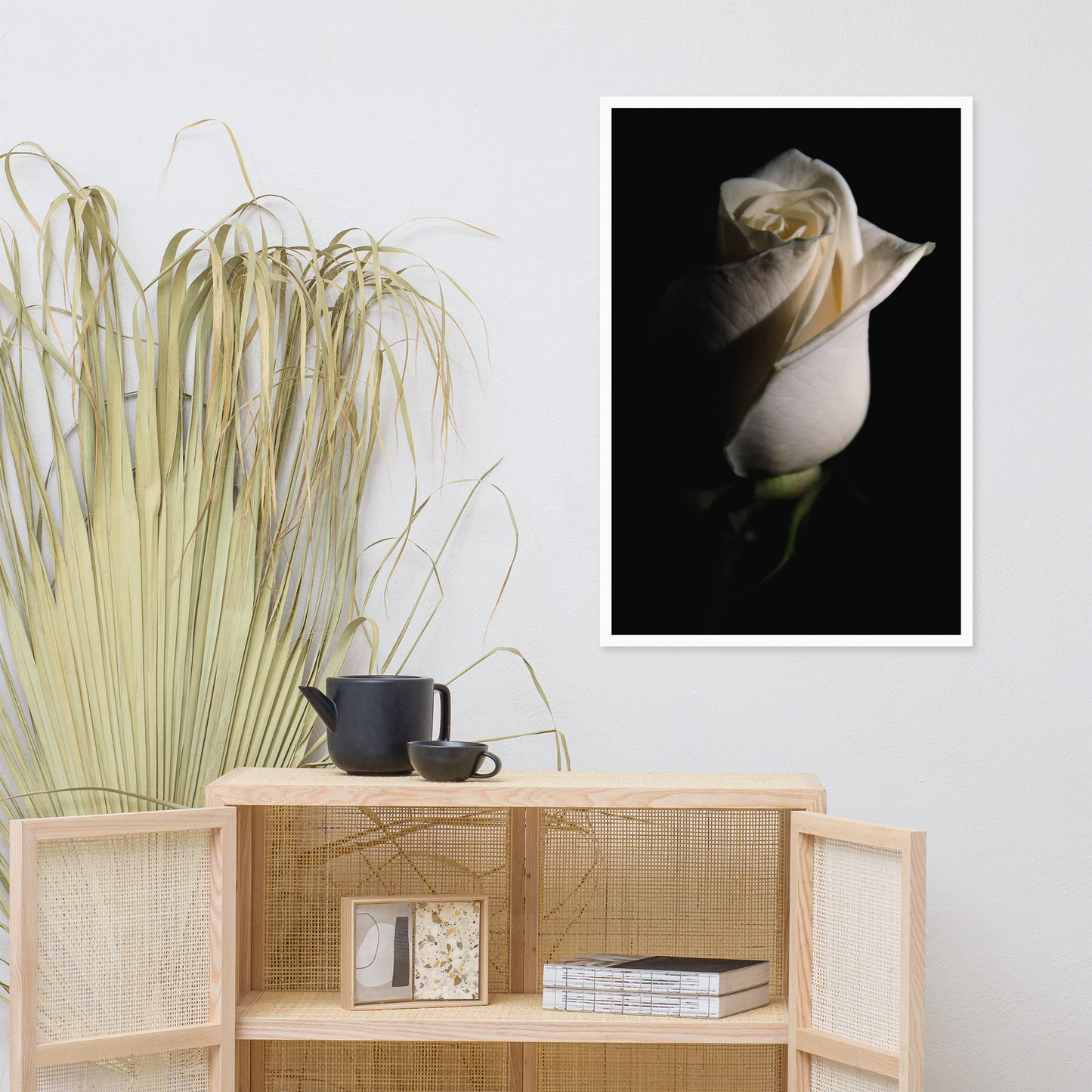 White Rose Low Key Floral Nature Photo Framed Wall Art Print