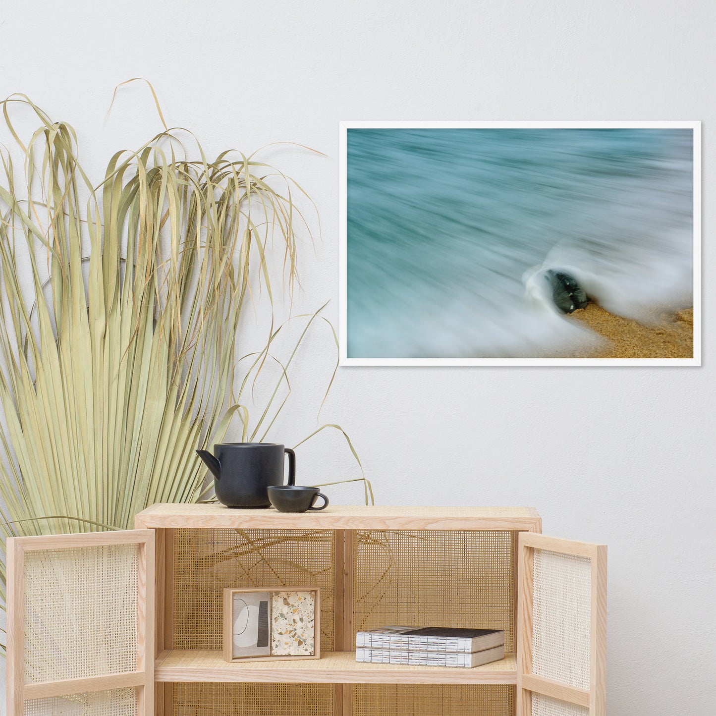 Whelk Seashell and Misty Wave Coastal Nature Photo Framed Wall Art Print