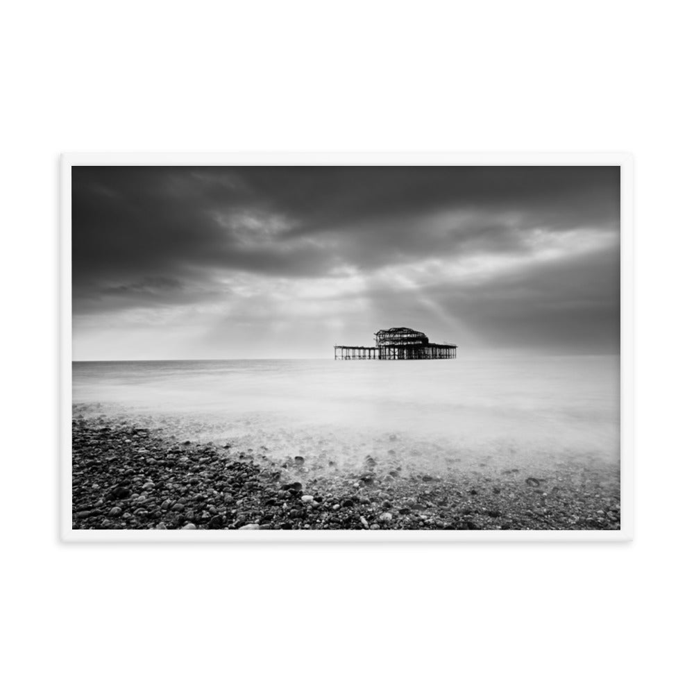 Commercial Office Wall Art: Abandoned West Pier Coastal Seascape Landscape Black and White Photograph Framed Wall Art Print
