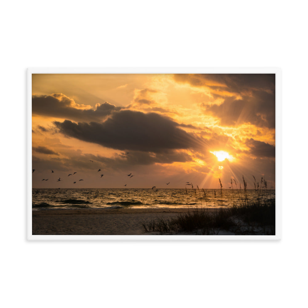 Large Office Prints: Anna Maria Island Cloudy Beach Sunset 1 - Coastal / Beach / Seascape / Nature / Landscape Photo Framed Wall Art Print - Artwork