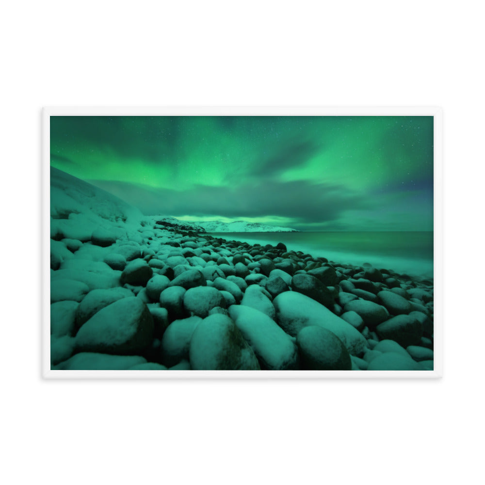 Laundry Room Wall Art: Aurora Borealis Over Ocean in Teriberka Night - Coastal / Beach / Seascape / Nature / Landscape Photo Framed Wall Art Print - Artwork