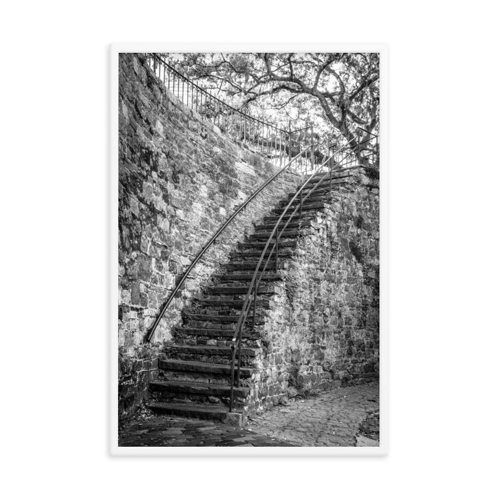 Black and White Old Stone Stairs River Street Savannah Ga Framed Wall Art Print
