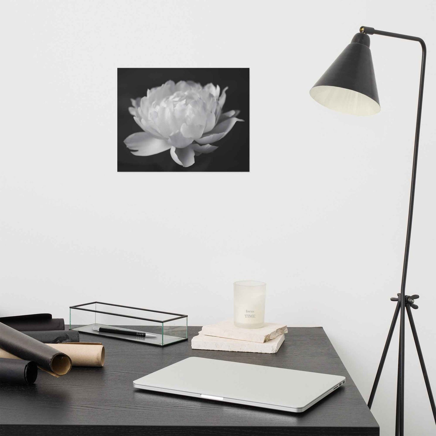 Velvet Shadows Floral Photorealistic Digital Artwork Peony Flower Prints Black and White Unframed
