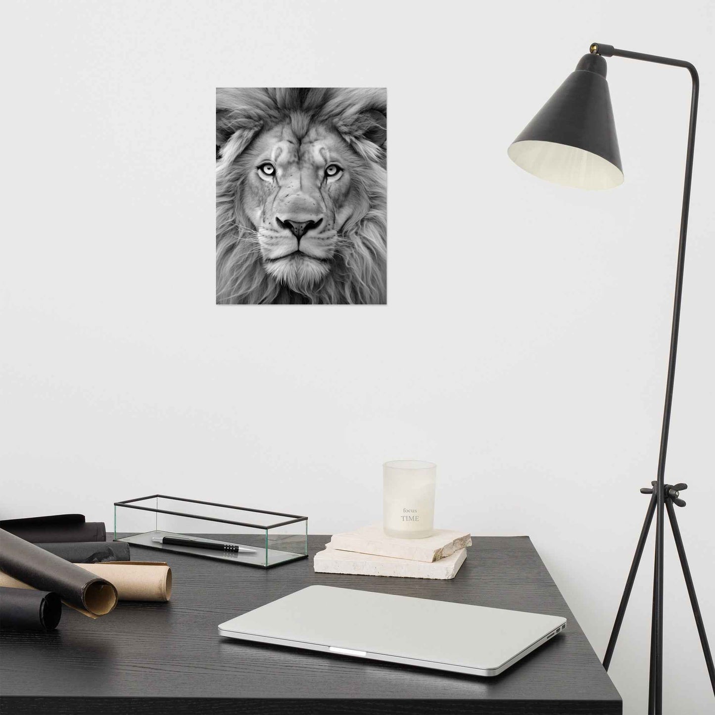Mane Attraction Lion Photorealistic Digital Artwork Black and White Loose Wall Art Print