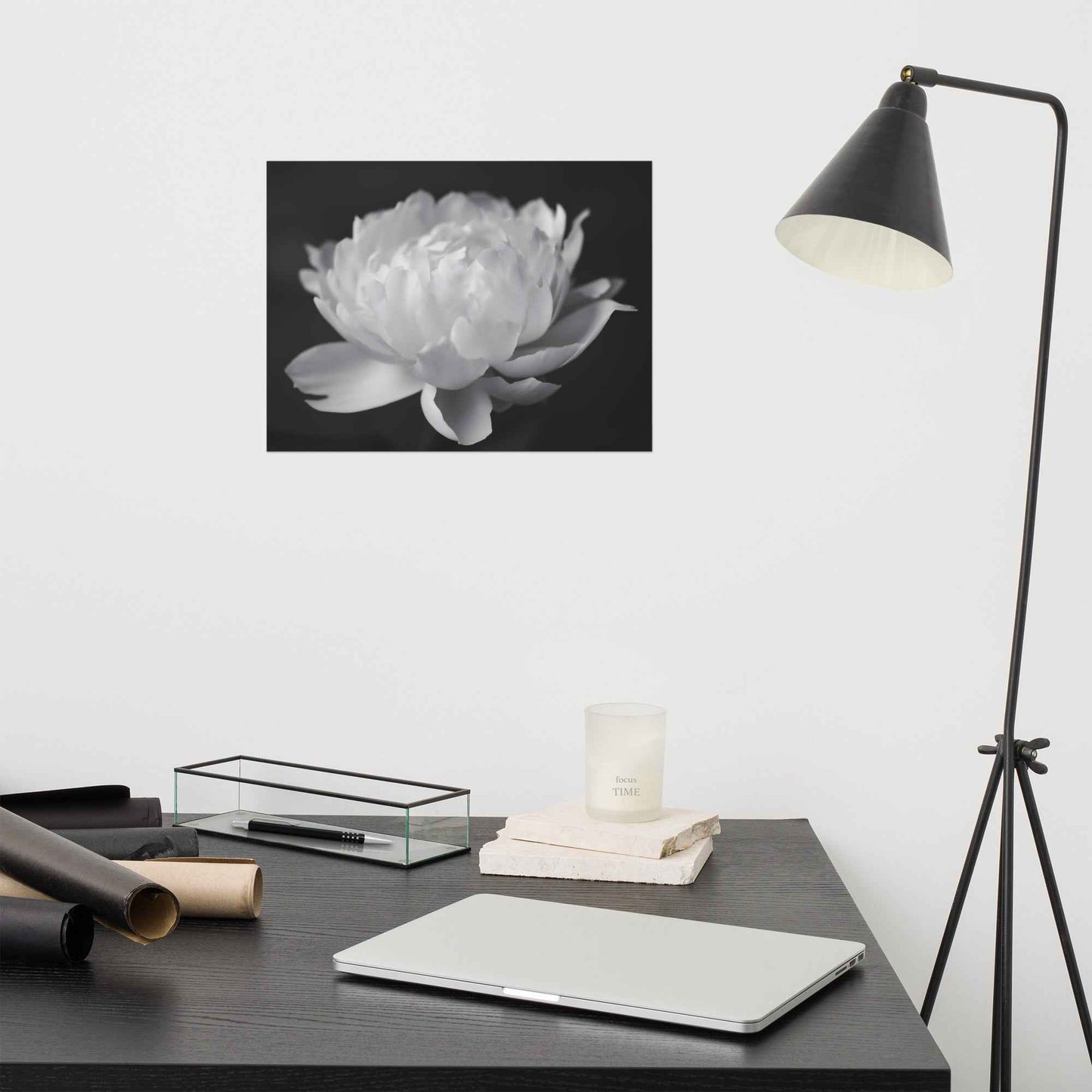 Velvet Shadows Floral Photorealistic Digital Artwork Peony Flower Prints Black and White Unframed