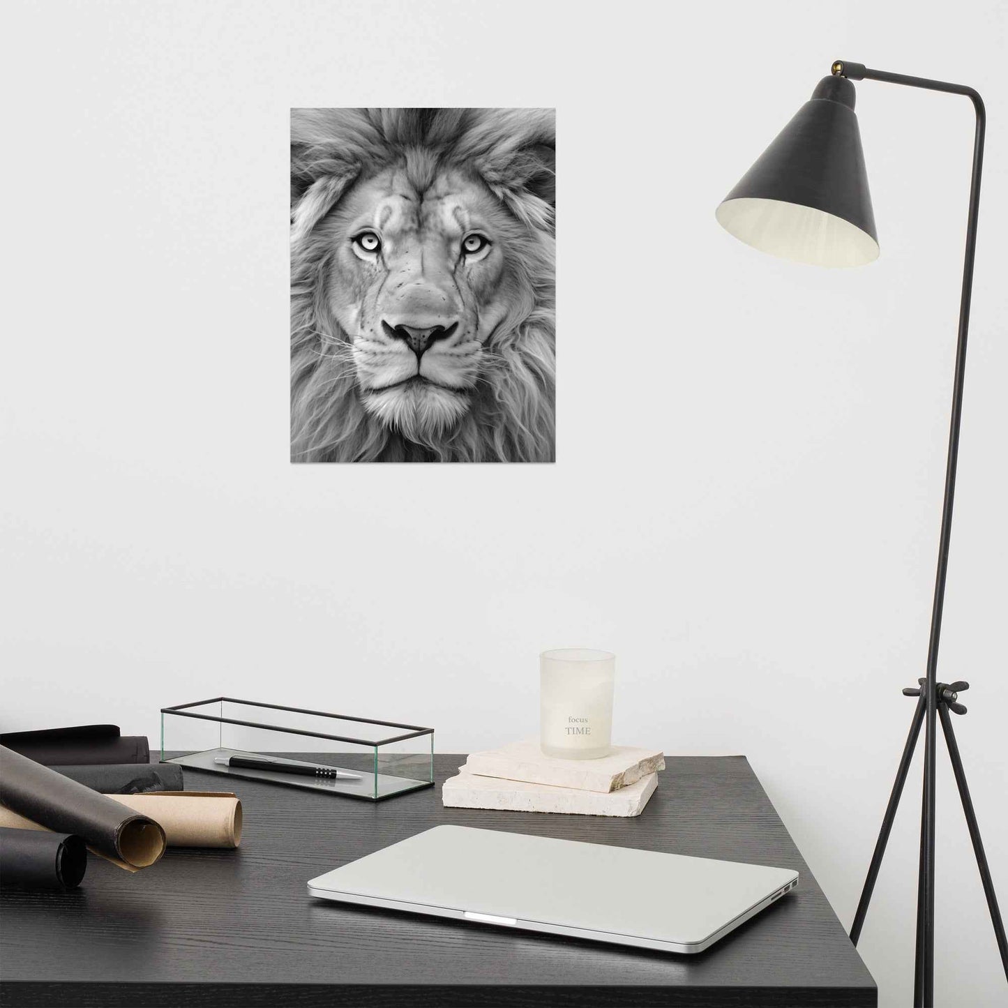 Mane Attraction Lion Photorealistic Digital Artwork Black and White Loose Wall Art Print