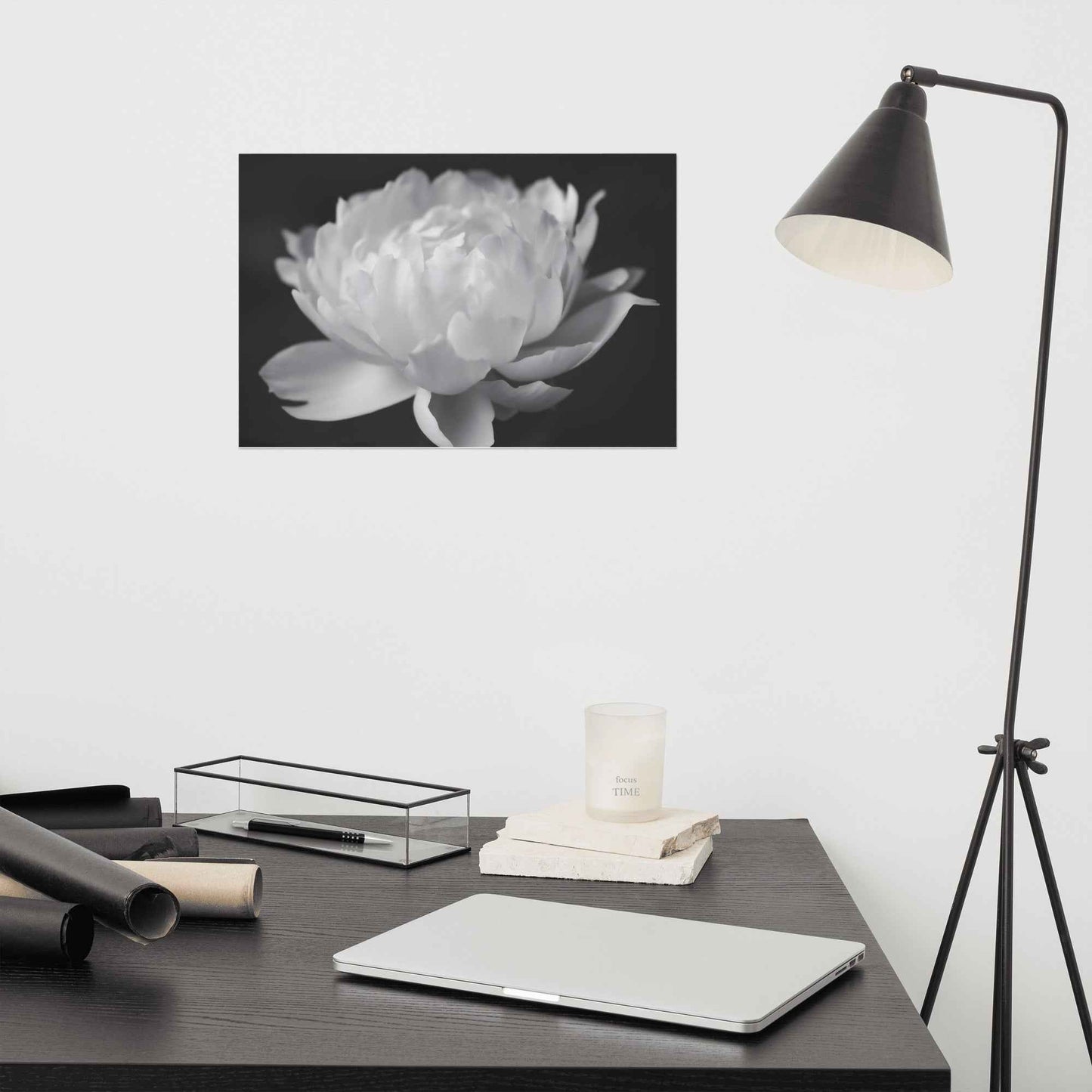 Velvet Shadows Floral Photorealistic Digital Artwork Peony Flower Prints Black and White Unframed