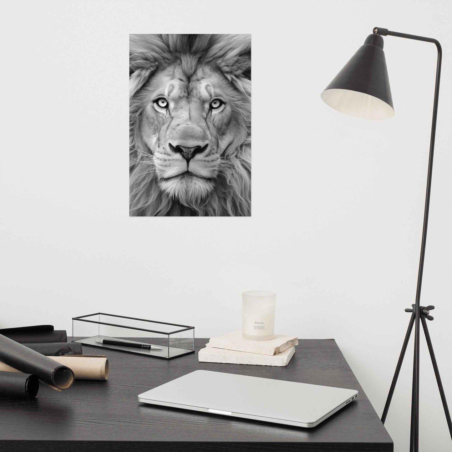 Mane Attraction Lion Photorealistic Digital Artwork Black and White Loose Wall Art Print