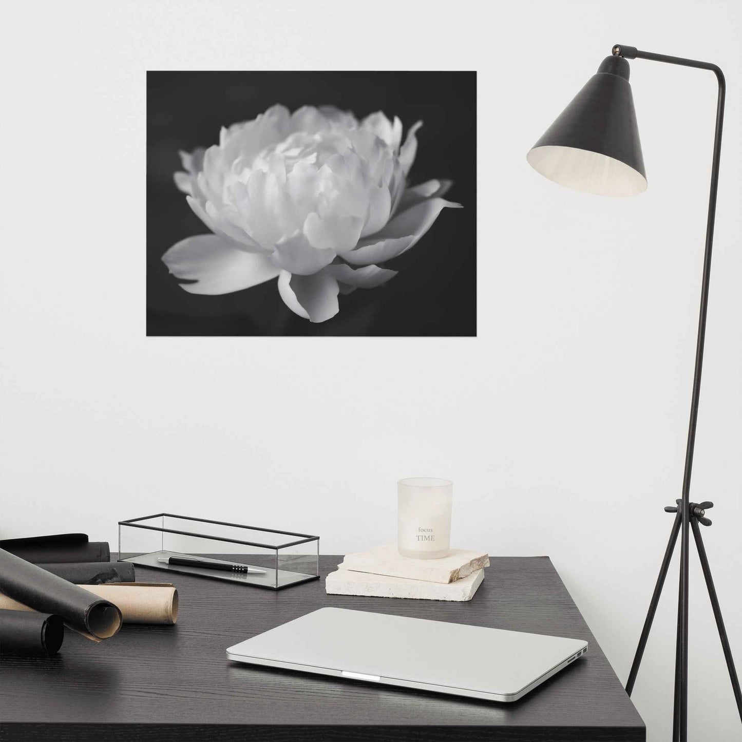 Velvet Shadows Floral Photorealistic Digital Artwork Peony Flower Prints Black and White Unframed