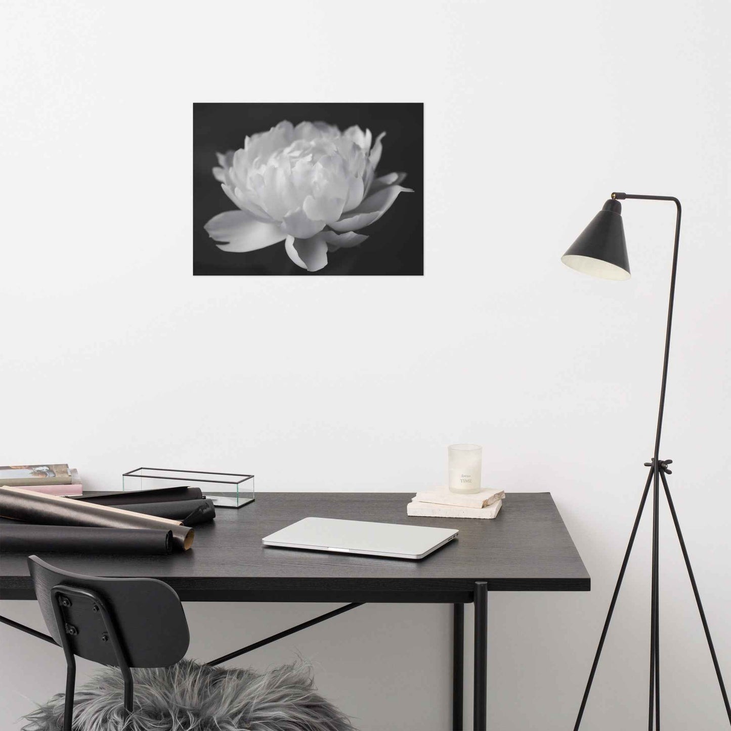 Velvet Shadows Floral Photorealistic Digital Artwork Peony Flower Prints Black and White Unframed