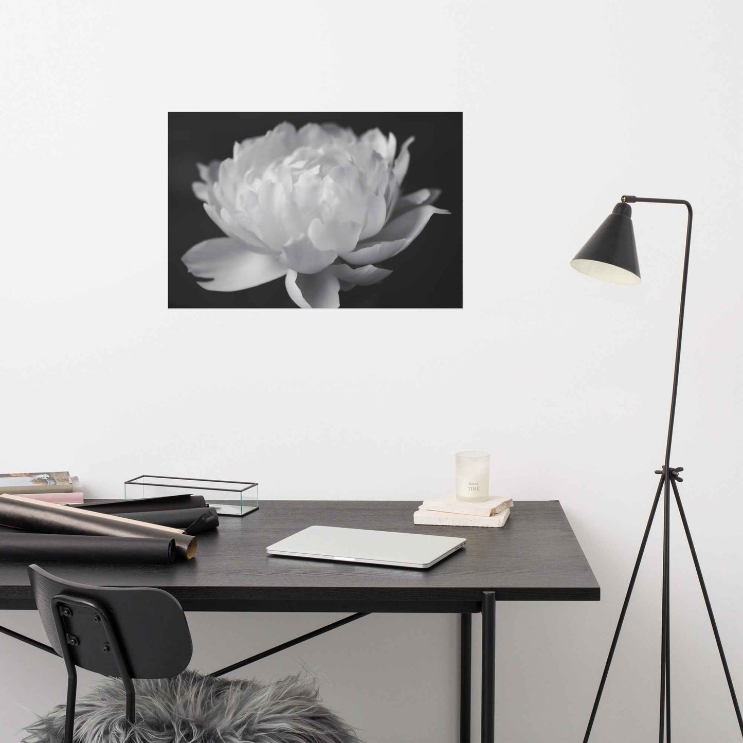 Velvet Shadows Floral Photorealistic Digital Artwork Peony Flower Prints Black and White Unframed