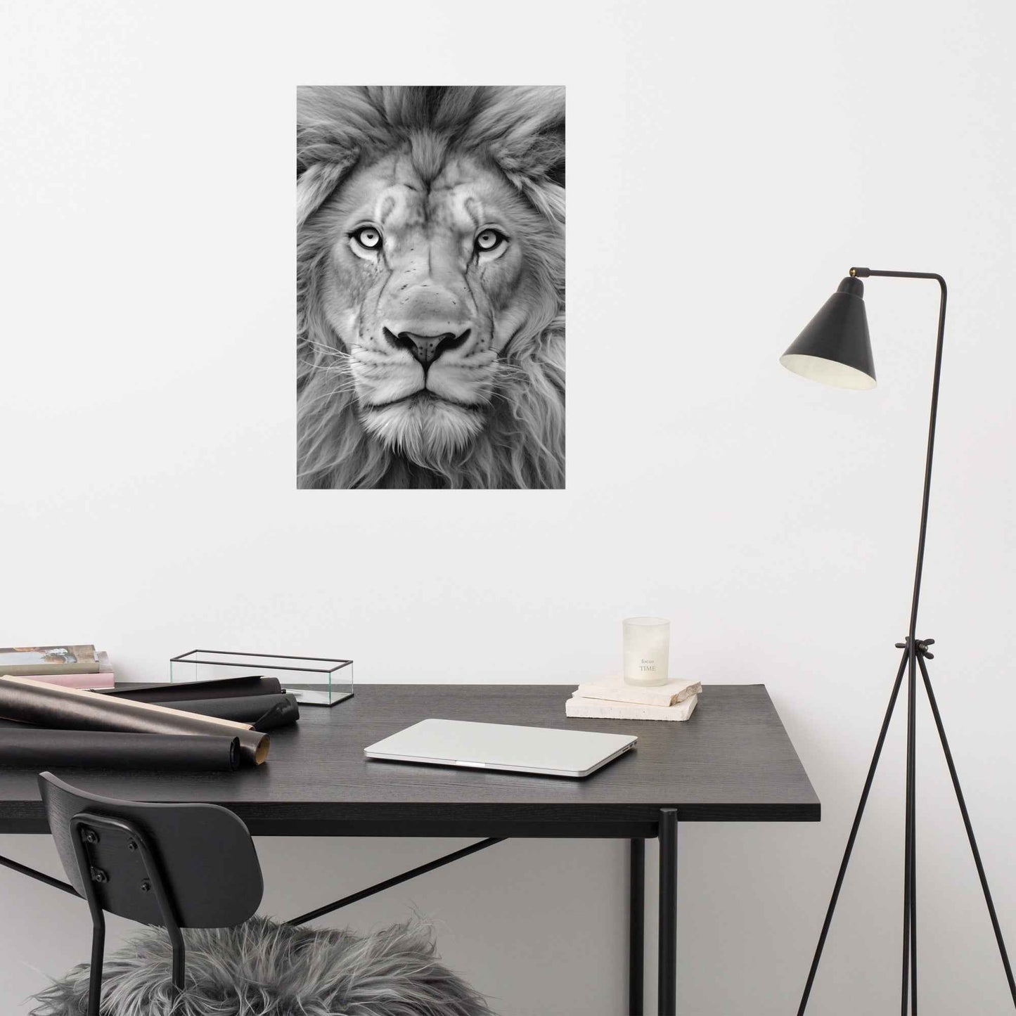 Mane Attraction Lion Photorealistic Digital Artwork Black and White Loose Wall Art Print