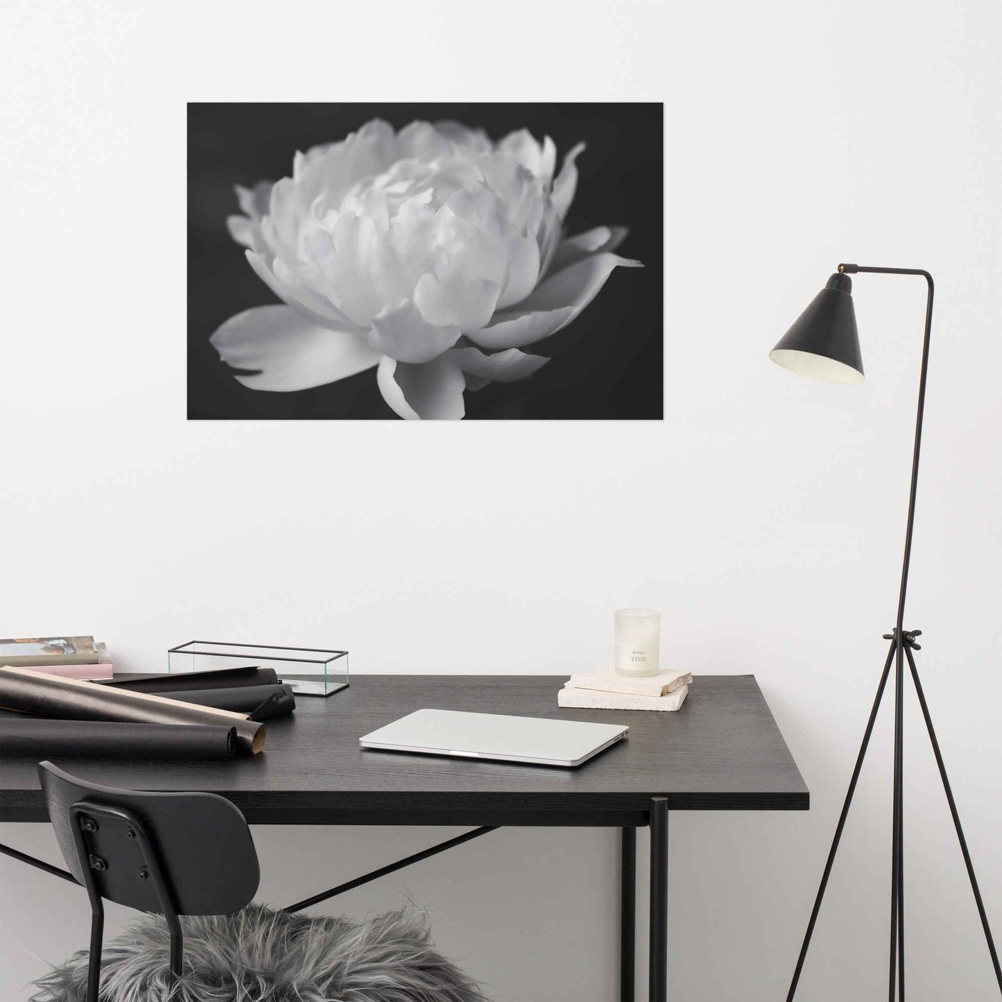 Velvet Shadows Floral Photorealistic Digital Artwork Peony Flower Prints Black and White Unframed