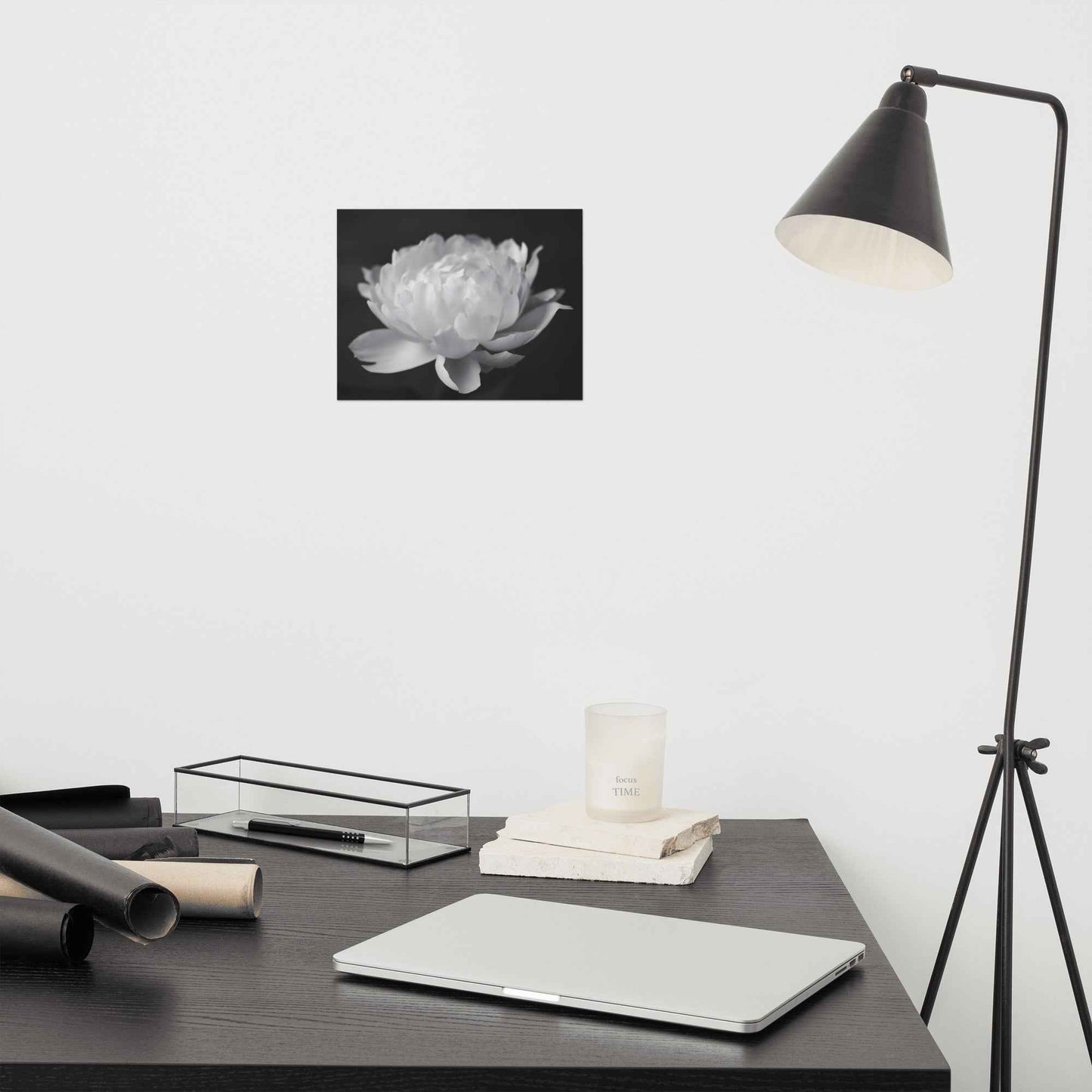 Velvet Shadows Floral Photorealistic Digital Artwork Peony Flower Prints Black and White Unframed