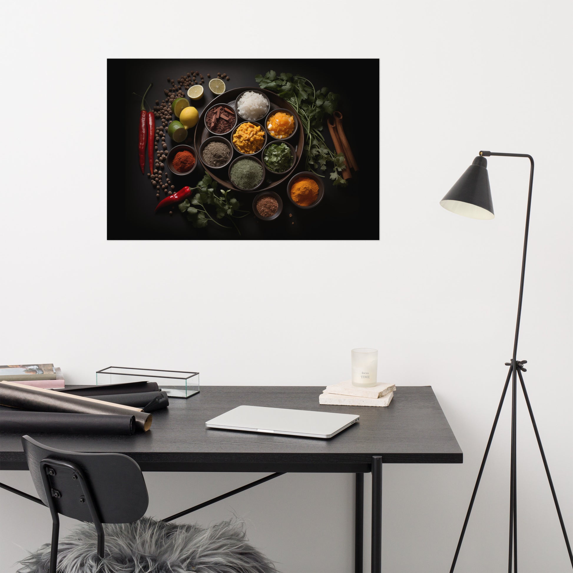 food art prints: A Culinary Canvas Herbs in Bowls Photorealism Frameable Print