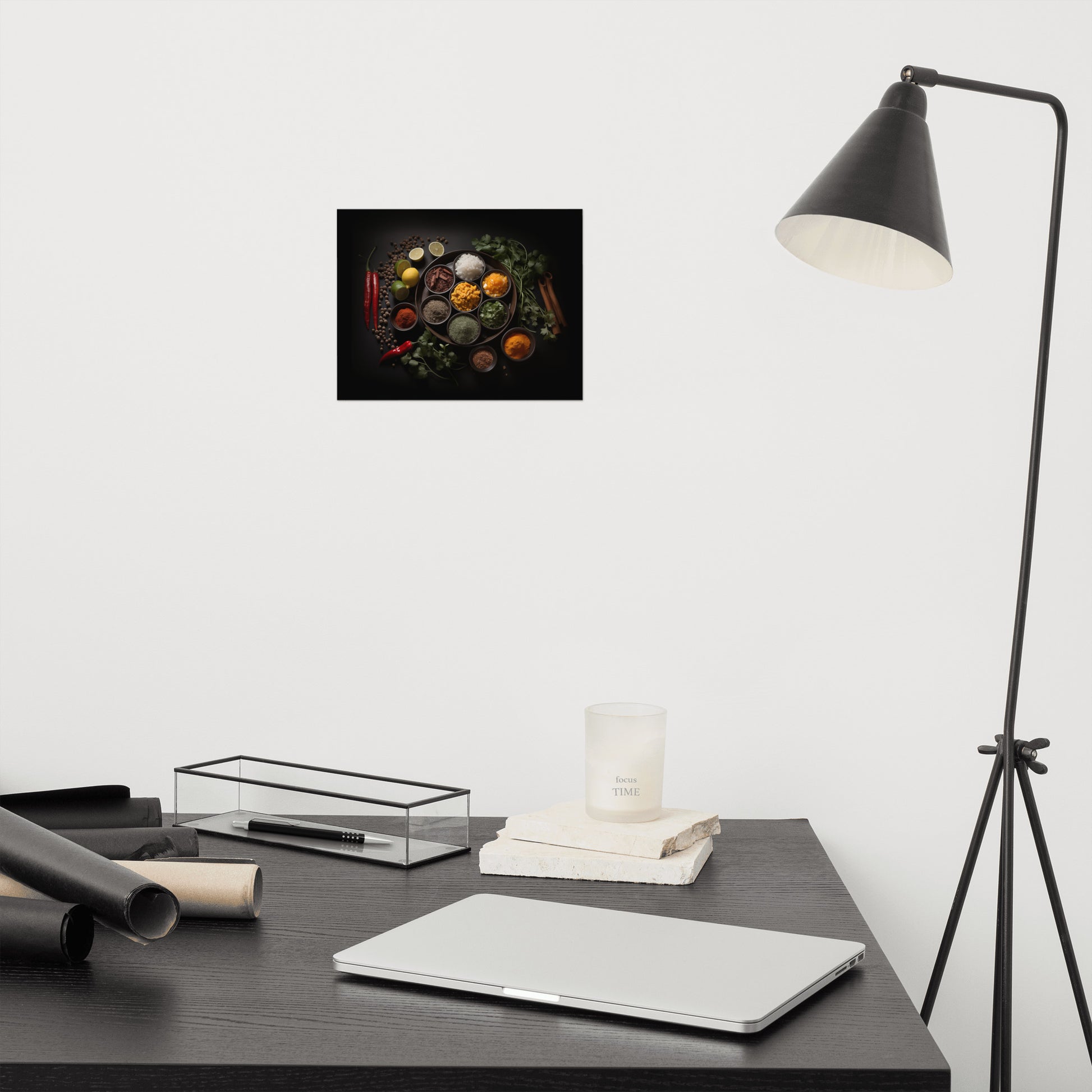 food artwork: A Culinary Canvas Herbs in Bowls Photorealism Frameable Print