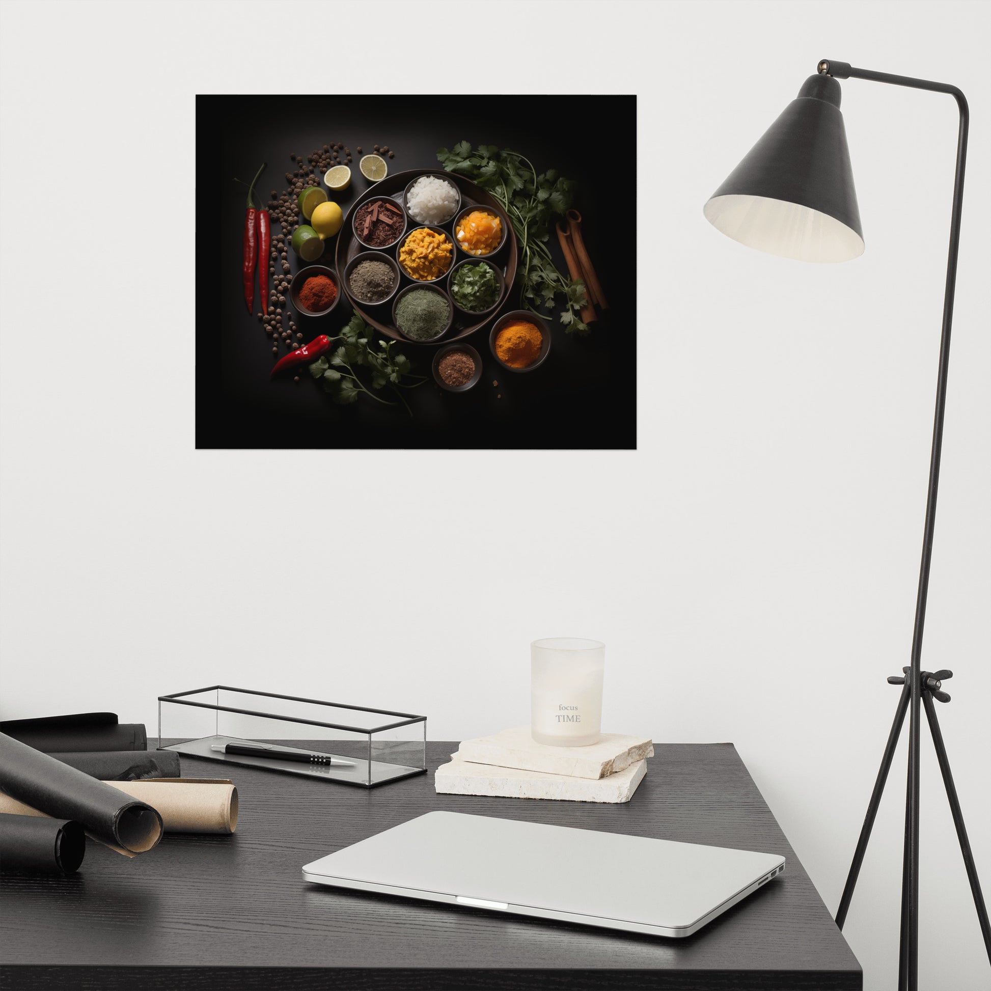 kitchen herb wall art: A Culinary Canvas Herbs in Bowls Photorealism Frameable Print