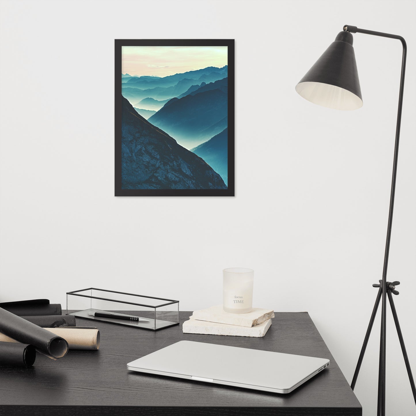 Misty Blue Silhouette Mountain Range Framed Photo Paper Wall Art Prints