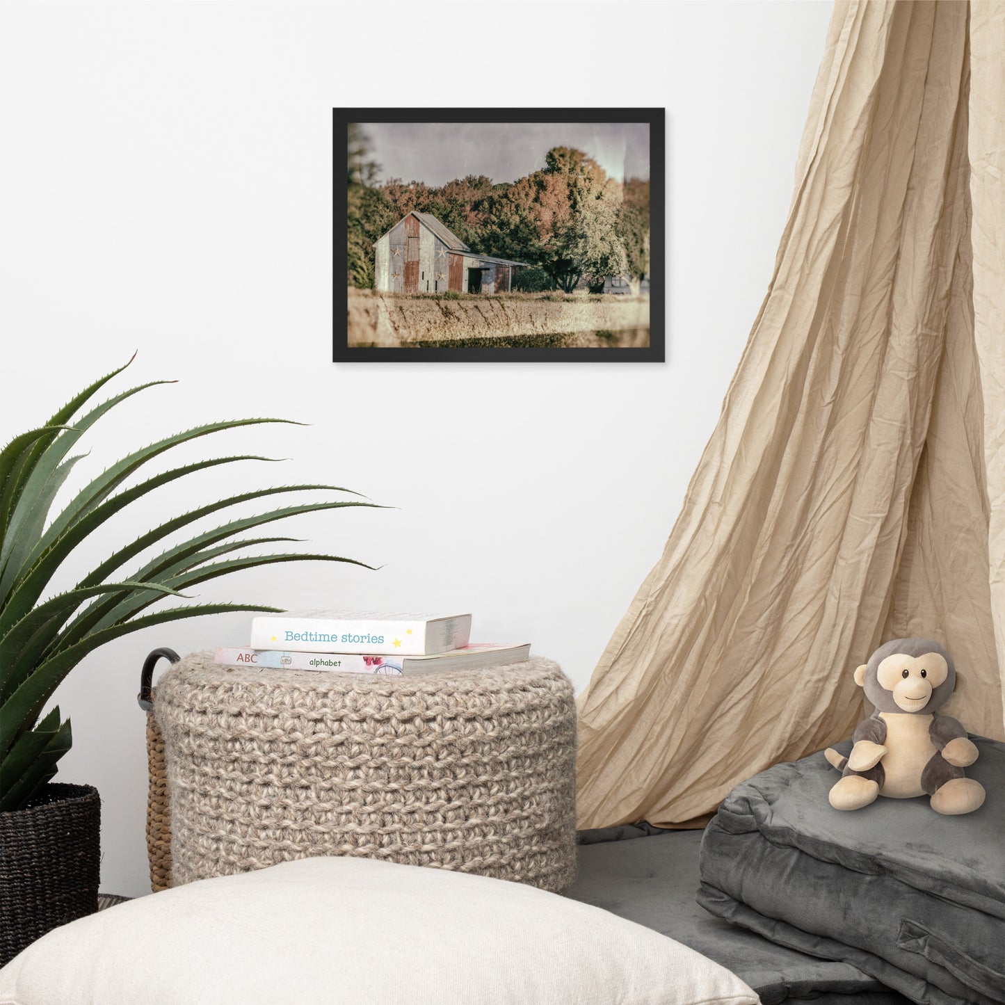 Patriotic Weathered Barn in Field - Glass Plate Framed Photo Paper Wall Art Prints