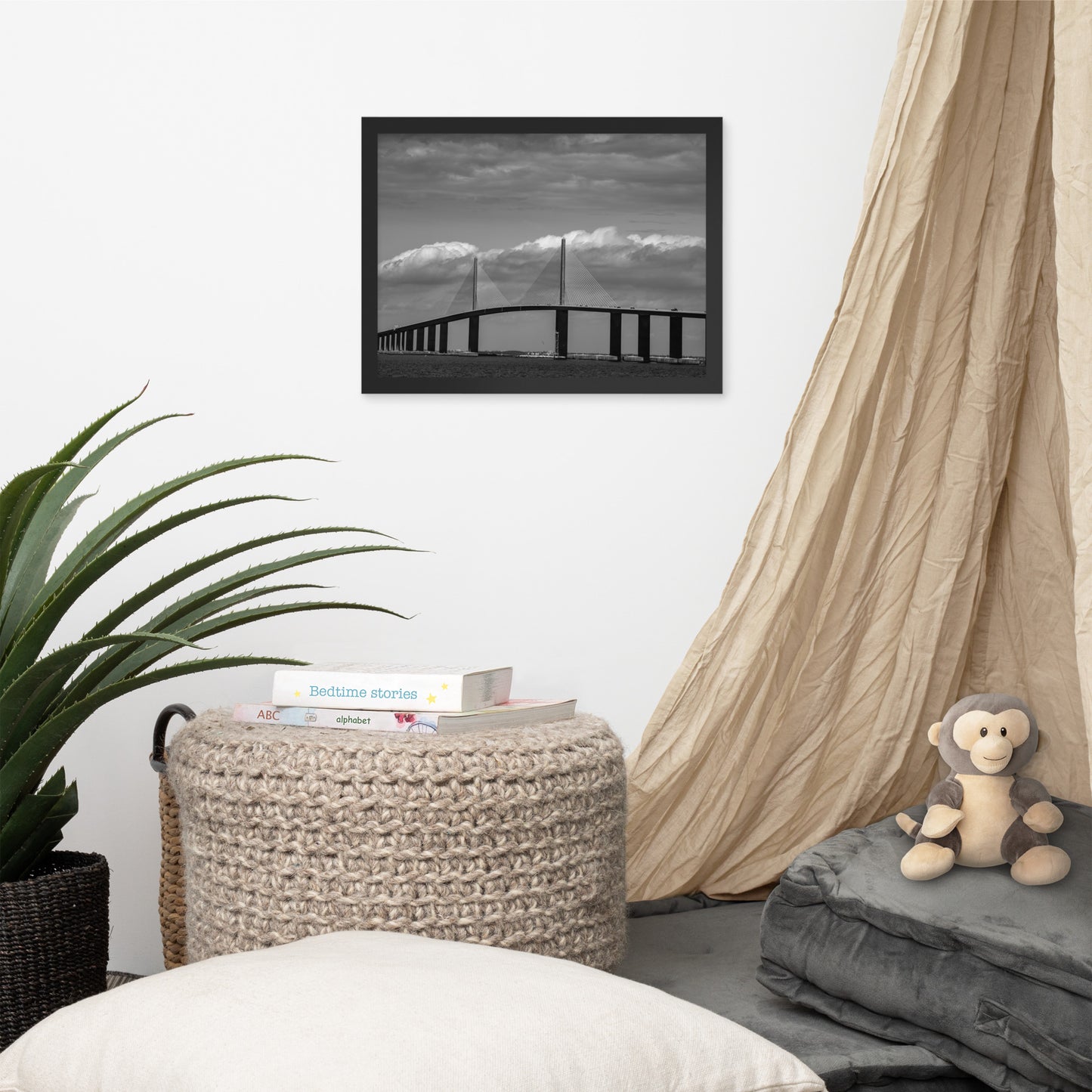 Skyway Bridge Black and White Coastal Landscape Framed Photo Paper Wall Art Prints
