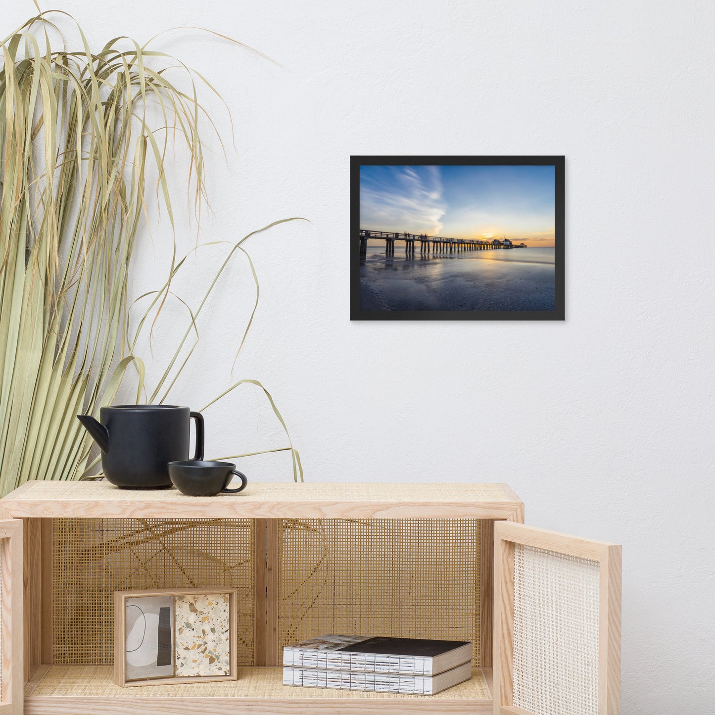 Sunset and the Naples Pier Coastal Beach Landscape Photograph Framed Wall Art Print