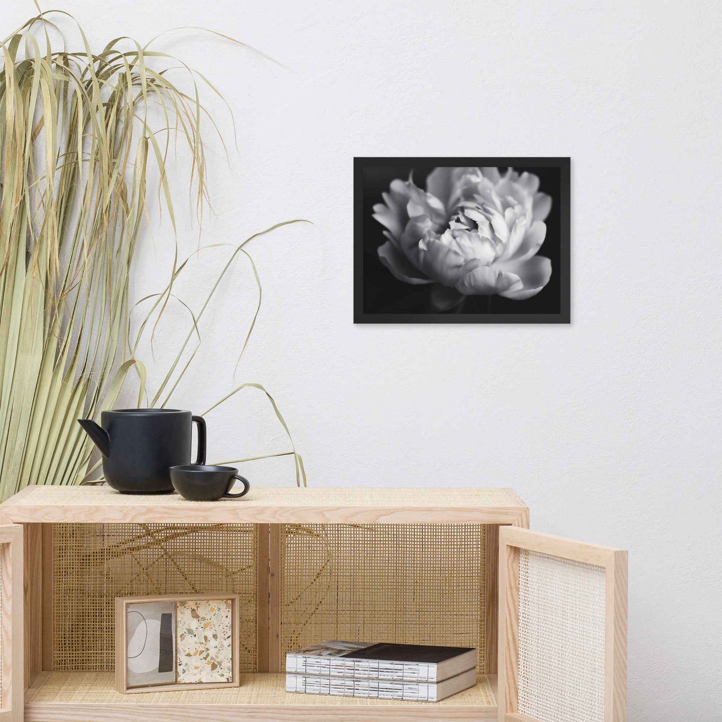 Shadow and Silk Floral Photorealistic Digital Art Peony Artwork Framed Print
