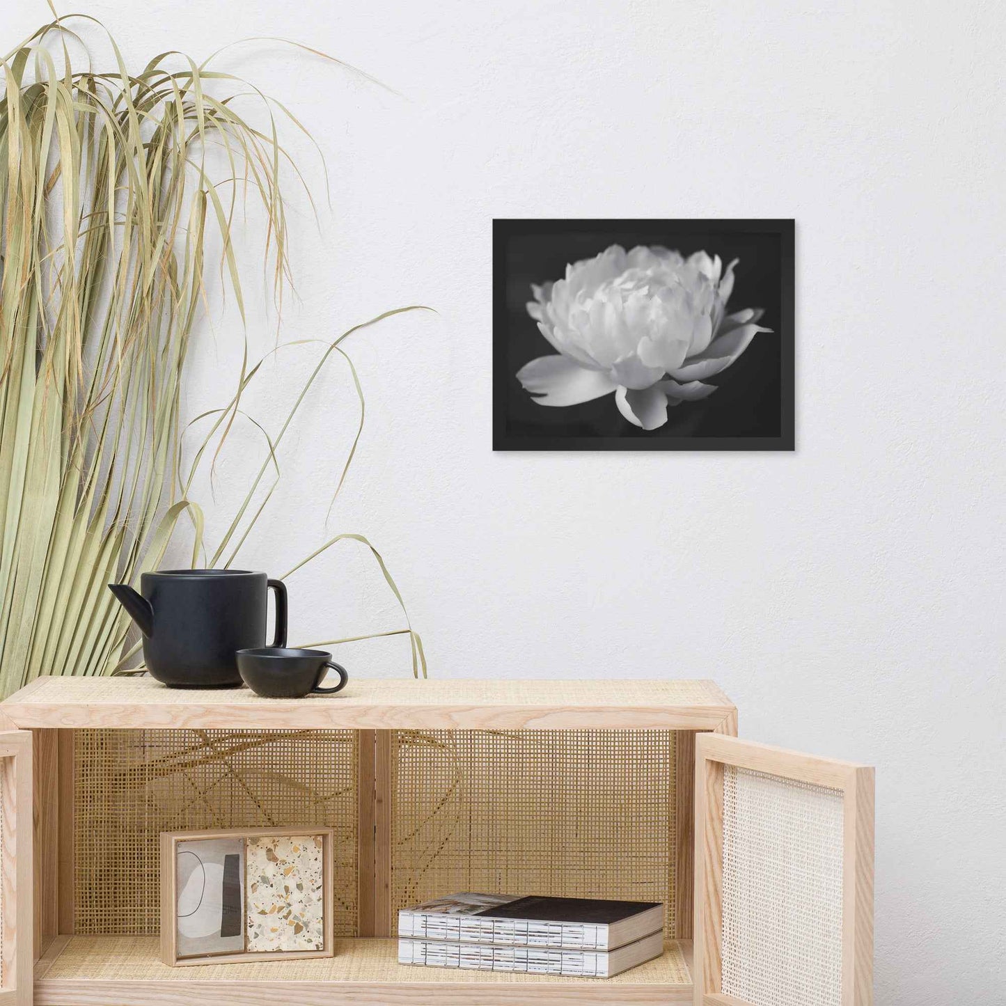 Velvet Shadows Floral Photorealistic Digital Artwork Peony Flower Prints Black and White Framed