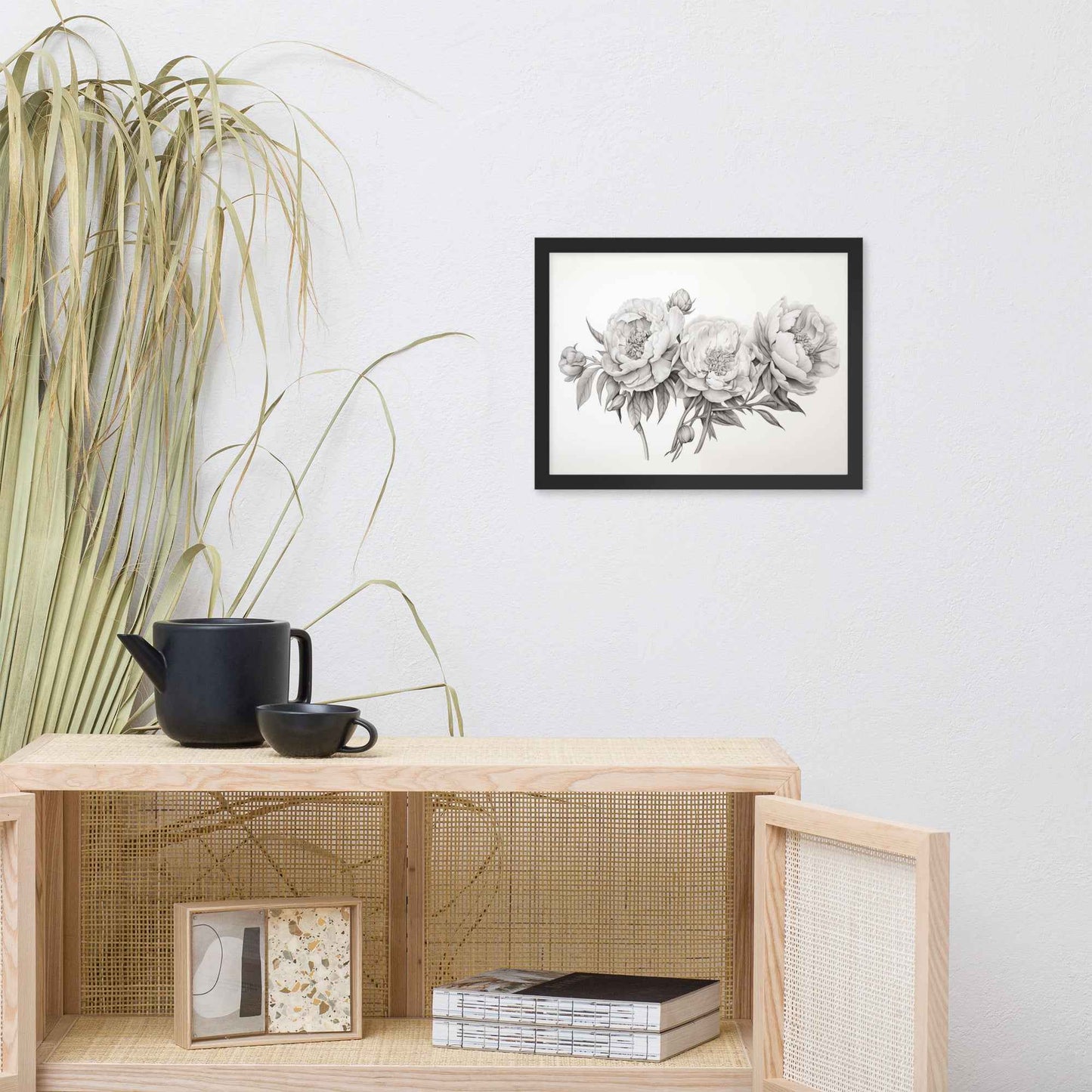Floral Finesse Pencil Sketch Illustration - Digital Artwork Framed Wall Art Print