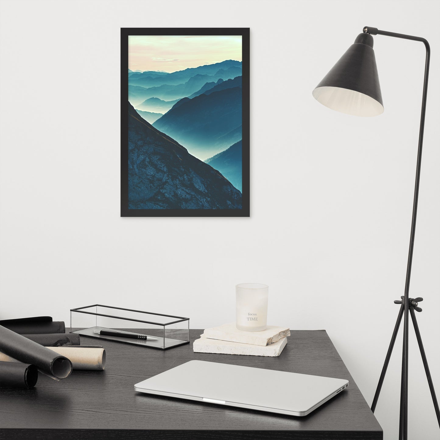 Misty Blue Silhouette Mountain Range Framed Photo Paper Wall Art Prints