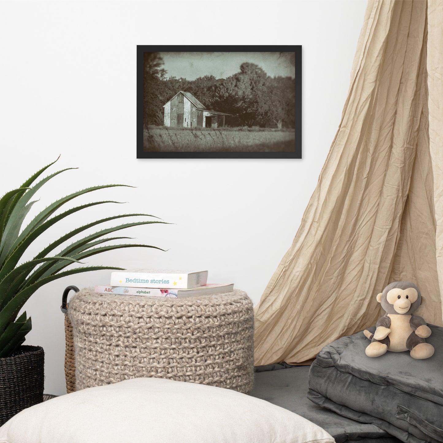 Patriotic Barn in Field Vintage Black and White Glass Plate Framed Photo Paper Wall Art Prints