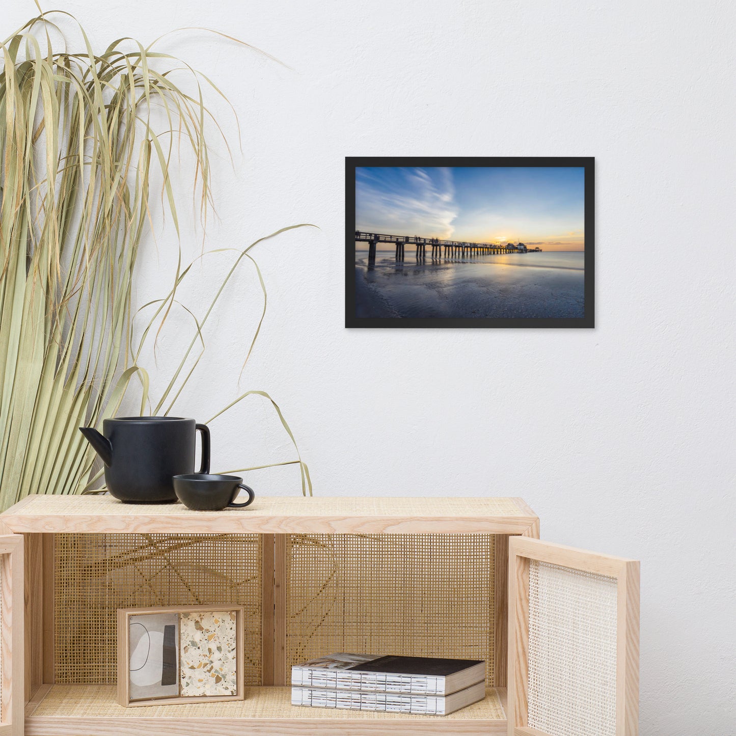 Sunset and the Naples Pier Coastal Beach Landscape Photograph Framed Wall Art Print