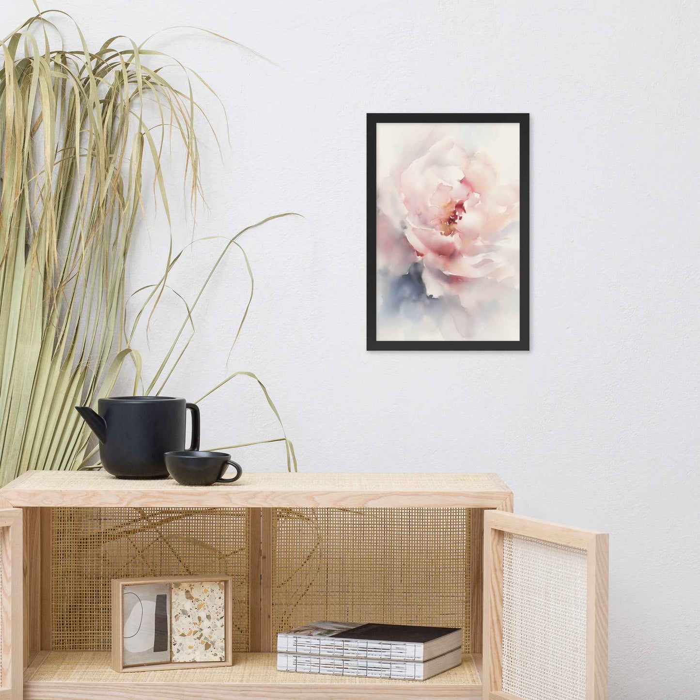 Graceful Stillness Floral Digital Watercolor Artwork Pink Peony Print Framed Wall Art
