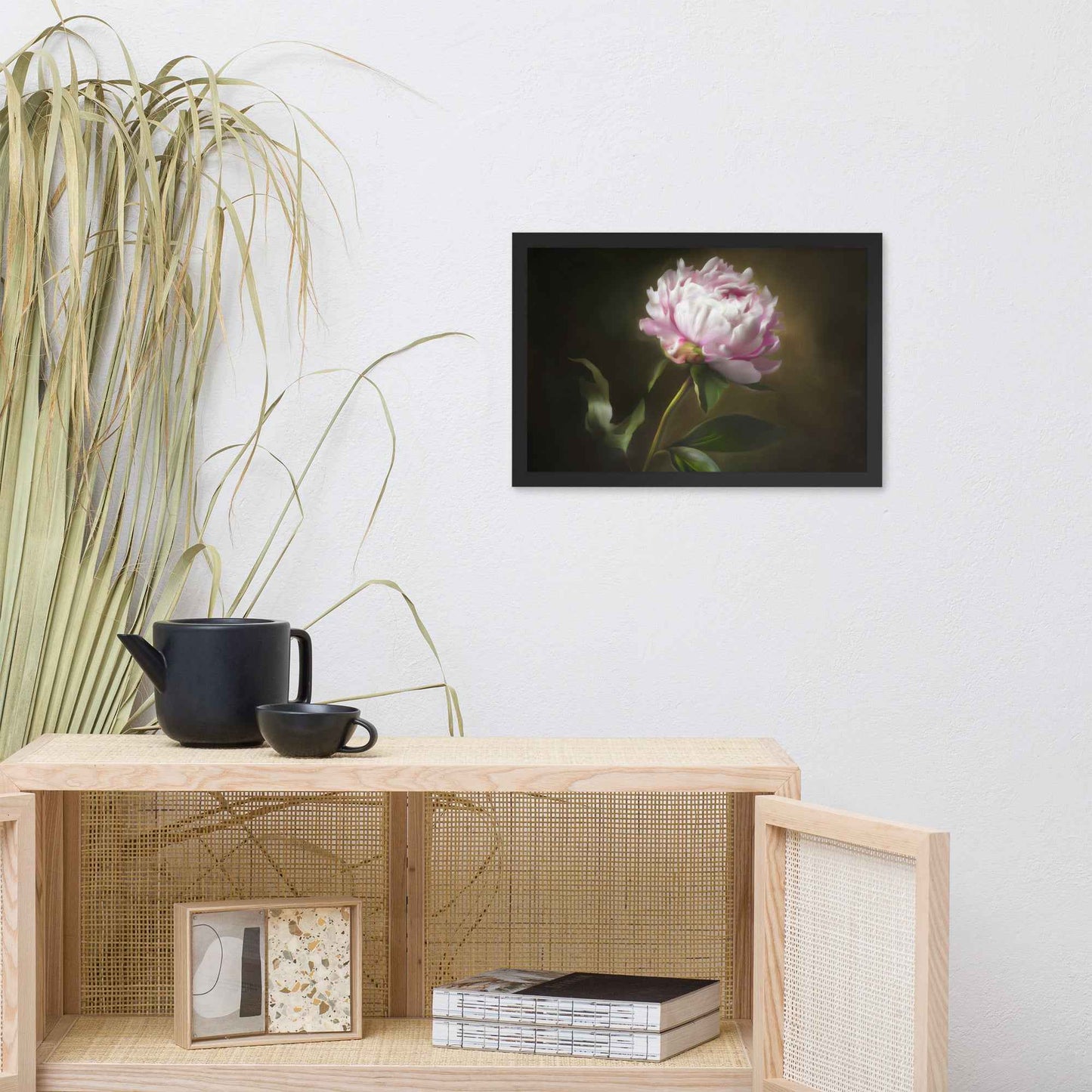 Midnight Radiance Floral Digital Artwork Peony Painting Framed Wall Art Print