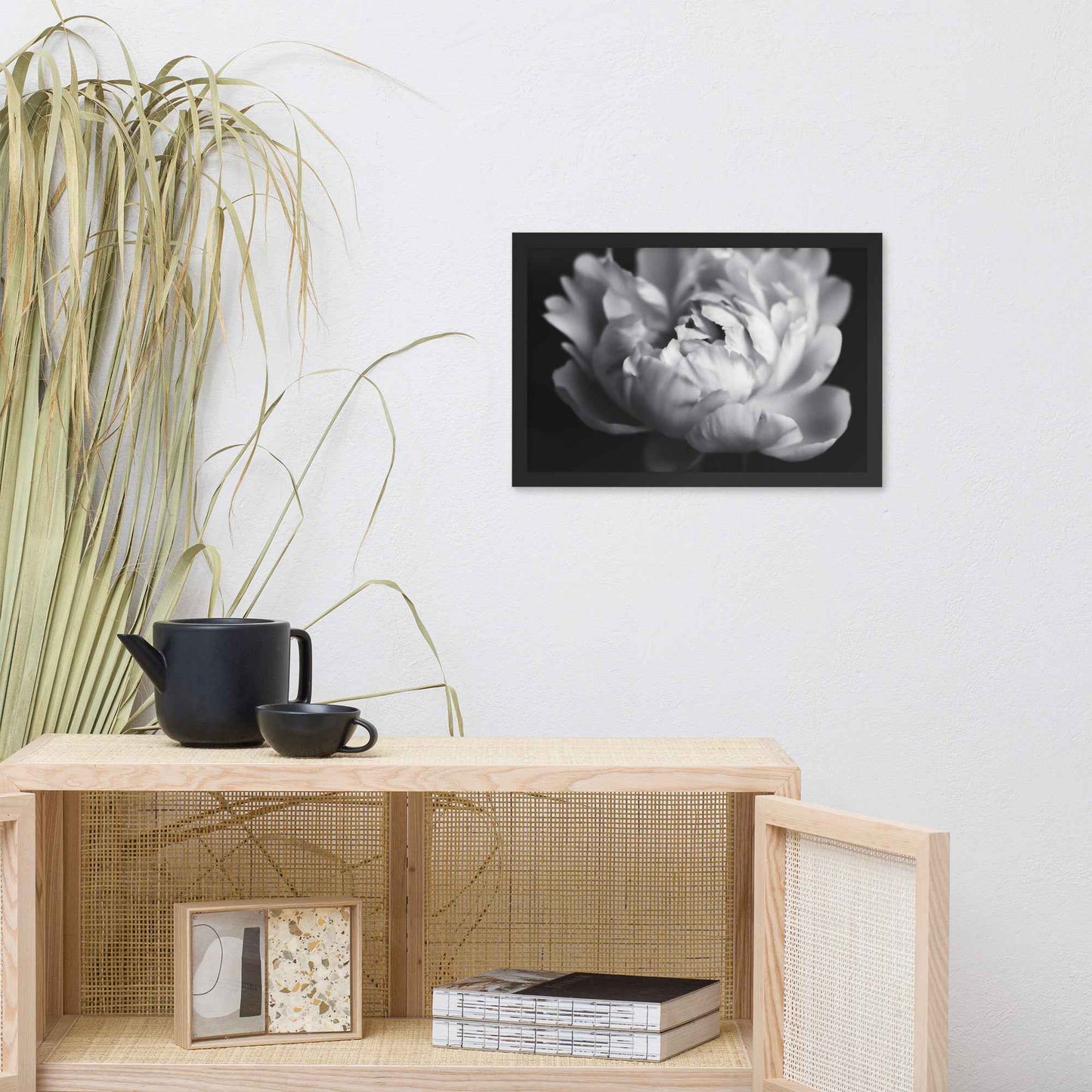Shadow and Silk Floral Photorealistic Digital Art Peony Artwork Framed Print